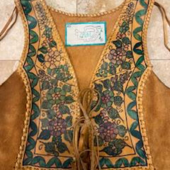 70s Char Leather & Suede Hand Painted Floral Vest Hippie Boho Bohemian Woodstock - Picture 4 of 9